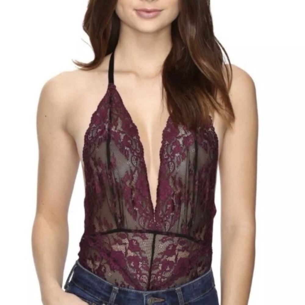 Free People Womens Too Cute To Handle‎ Lace Bodysuit Teddy Black/Fuchsia M ($68)